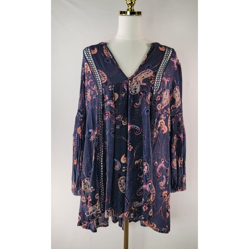 Free People Paisley Boho Tunic Blouse Crochet Trim Balloon Sleeve Small